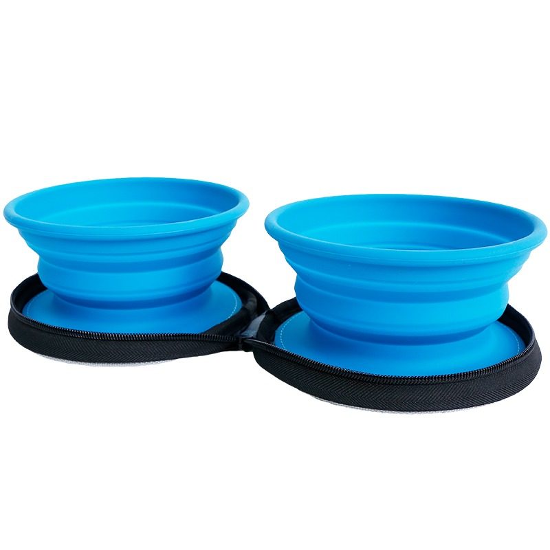 Travel Folding Twin Bowl Bag - Silicone foldable double bowl with carry bag
